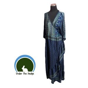 Blue Floral Recycled Silk Blend Wrap Maxi Ruffle Sari Dress One Size Boho